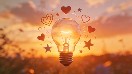 Glowing lightbulb with hearts and stars, symbolizing optimism and creativity in a bright, hopeful concept.