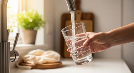 Hand filling glass with fresh water from kitchen faucet