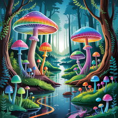 Fairy Tale Forest with Giant Fantasy Mushrooms