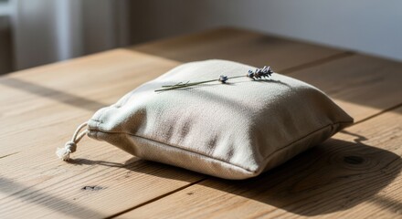 Soothing beige linen sachet with lavender on wooden table
