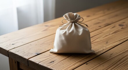 Soft beige cloth bag on rustic wooden table in cozy indoor setting