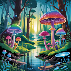 Fantasy Mushroom Valley in Magical Forest