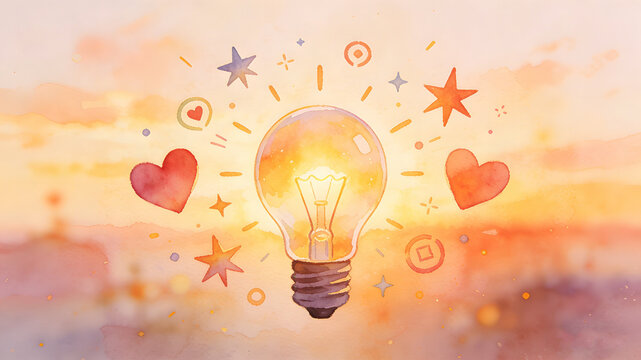 Glowing lightbulb with hearts and stars, symbolizing optimism and creativity in a bright, hopeful concept.