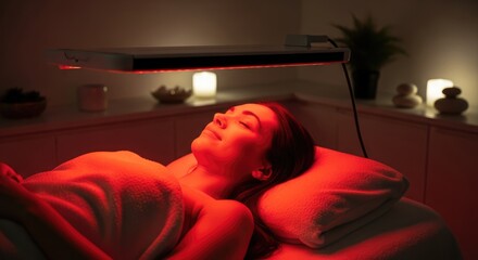 Woman relaxing under red light therapy lamp in spa