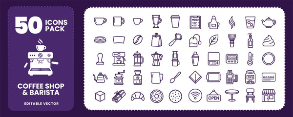 Coffee Shop and Barista Beverage Icons for Cafe Menu Design