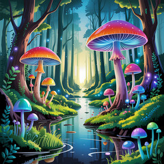Whimsical Mushroom Forest Fantasy Illustration