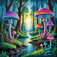 Dreamy Fantasy Forest with Glowing Mushrooms