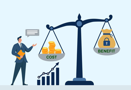 Cost-Benefit Analysis Illustration: Businessman comparing cost coins and benefit money bag on balance scale with growth chart and strategy discussion, Cost Comparison, Benefit Evaluation