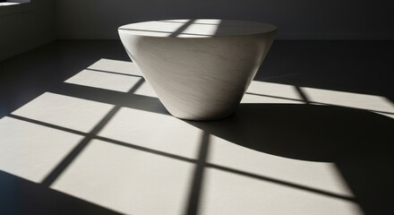 Modern minimalist stone table in empty room with natural light