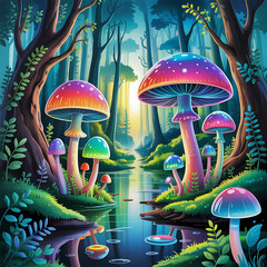 Fairy Forest with Bioluminescent Mushrooms