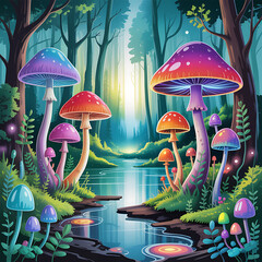 Enchanted Forest Path with Colorful Mushrooms