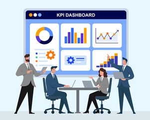 KPI dashboard analytics meeting with business team reviewing charts and performance metrics, Data Visualization, Performance Tracking, Team Collaboration, Growth Trends, Reporting Insights