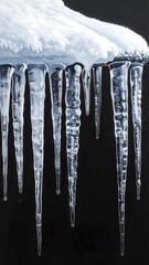 Icy Winter - Close-Up of Sparkling Icicles Hanging from Snow.