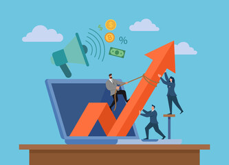 Business team driving digital revenue growth with rising analytics arrow, marketing megaphone and financial icons, Sales Growth Strategy, Digital Marketing Promotion, Business Analytics Performance