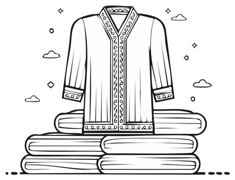 Elegant ethnic garment with intricate embellishments atop folded fabric stack line art vector
