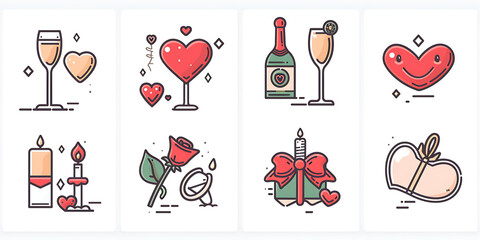Filled line style love icons, smiling heart face champagne celebration and proposal ring, vector illustration symbol, wedding and holiday decoration

