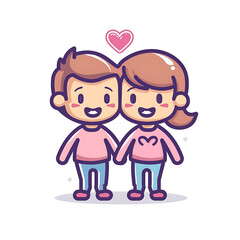 Cute cartoon characters in pink couple outfits, smiling boy and girl holding hands, Valentine Day love concept, flat vector design


