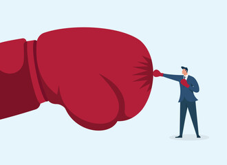 Businessman boxing a giant glove, standing up to challenges with courage, resilience, strategy, and determination, 5 concepts: Facing Challenges, Courage Under Pressure, Strategic Defense