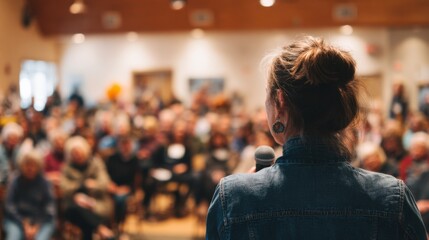 Medium shot of a speaker addressing a lively crowd in a community hall encouraging public involvement in social initiatives.