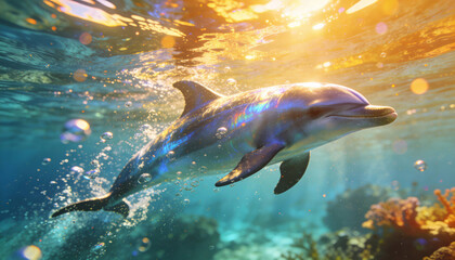 Fototapeta premium Dolphin, Swimming in Sunlit Ocean - Blue, Wildlife, Nature, Animal, Underwater, Sea, Water - Ocean