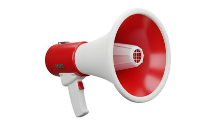 A detailed 3D render of a red and white megaphone on a solid black background