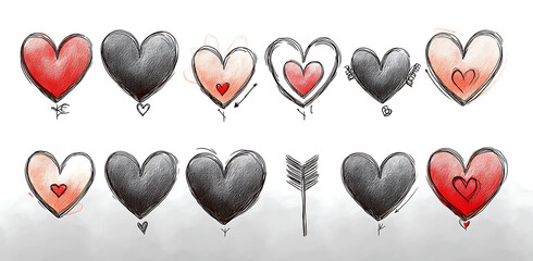 Hand drawn sketch style heart collection, red and black pencil doodle heart shapes, rough texture cupid arrow, grunge art material

