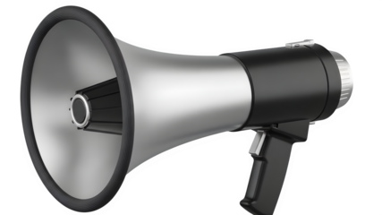 Professional 3D rendering of a silver and black megaphone isolated on a dark background