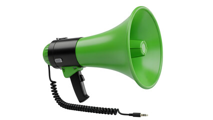 Isolated bright green and black megaphone with coiled cord on solid black background