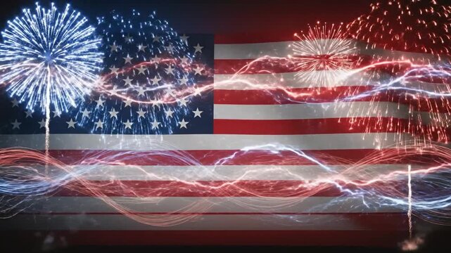 American flag with fireworks display and abstract energy lines