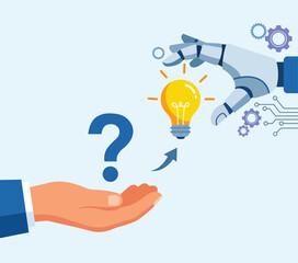 AI Innovation Support: Robotic hand shares a bright idea to solve a question, with gears and circuits symbolizing smart automation, 5 concepts: Artificial Intelligence, Idea Generation