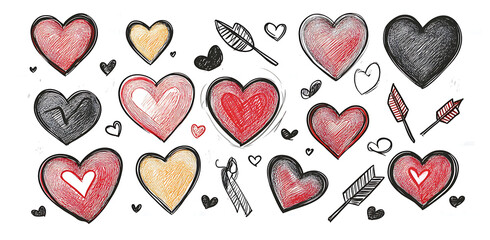 Large collection of hand drawn sketch hearts and arrows, rough texture red and black doodle, Valentine Day banner design element, various heart symbols


