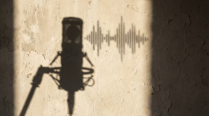 A microphone and sound wave's shadow dance on an aged wall, illuminated by soft light. The scene evokes a sense of nostalgia and untold stories through music.