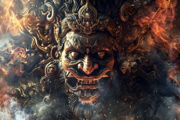Close up of a menacing demon statue engulfed in flames and smoke, creating a dramatic and mystical atmosphere
