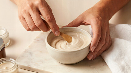 Mixing cream for facial mask in a bowl on marble countertop  