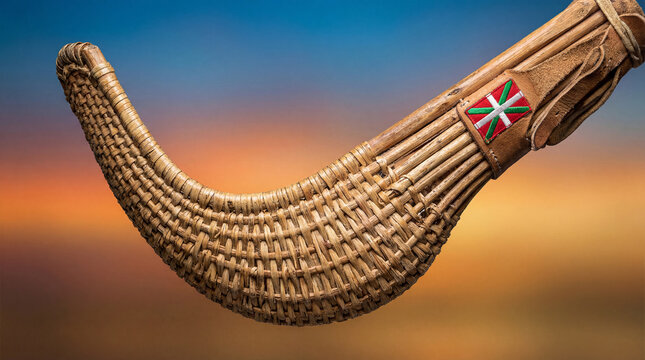 A meticulously crafted cesta basketa, the tool of jai alai, is showcased with the Basque flag emblem, against a breathtaking background evocative of the Basque Country.