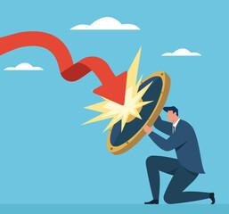 Businessman blocking a crashing red arrow with a shield, protecting company from financial loss and market downturn, Risk Management, Business Protection, Crisis Response, Financial Defense