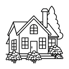 Single line house with bushes modern home line art illustration