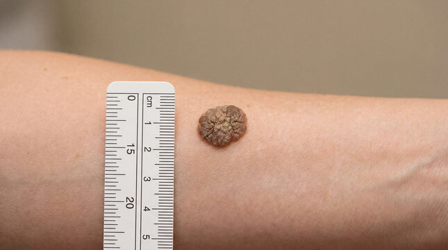 A skin tag is present on an arm, next to a ruler. The ruler is measuring the size of the skin tag, to determine its dimensions.
