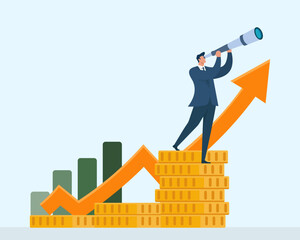 Business Growth Forecast with Rising Chart, Stacked Coins and Executive Using Telescope, Market Trend Analysis, Financial Investment, Business Strategy, Revenue Growth, Future Vision