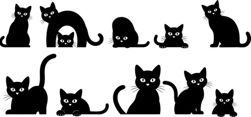 Collection of Adorable Black Cat Silhouettes in Various Playful Poses Vector Art