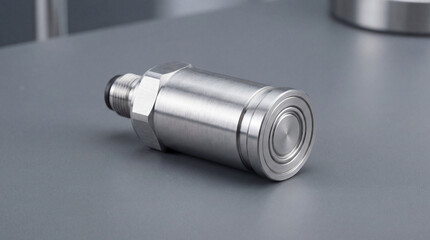 A stainless steel pressure sensor is displayed on a grey surface, showcasing its construction and design in a still, artistic manner.