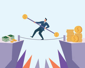 Businessman balancing finances on a tightrope between cash and coin stacks over a cliff, managing risk and investment decisions, Financial Risk Management, Wealth Balance Strategy
