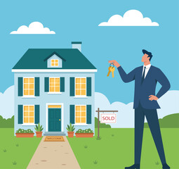 New Home Purchase Flat Vector: Realtor handing keys to buyer in front of a sold house, real estate deal, property ownership, moving day celebration, Home Buying, Key Handover, Sold Property