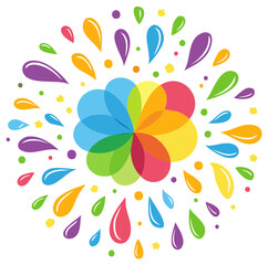 Colorful Petals Exploding Outwards With Splashes of Bright Paint Drops