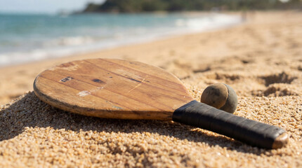 A weathered wooden beach bat and worn ball rest on the warm sand, near gentle turquoise waves. A calming seaside vista evokes a spirit of summer leisure.