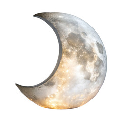 A realistic 3D crescent moon featuring a textured lunar surface and glowing internal star lights, isolated on a white background for Ramadan designs