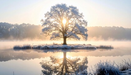 A frosted tree on an island in a misty lake, with the sun shining behind it