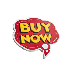 Buy now speech bubble icon, red and yellow comic style promotion tag, retail discount label isolated on white background