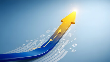 Dynamic growth chart with upward trending arrow and business data visualizations
