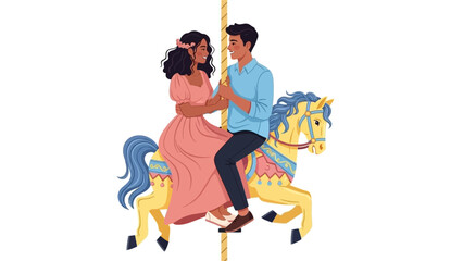 Couple Riding Carousel Horse Together in Amusement Park.